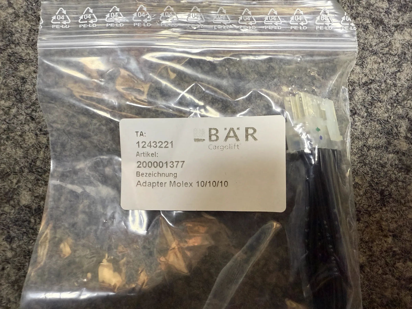 Original BÄR Cargolift Adapter Molex 10/10/10 200001377 1243221 NEU