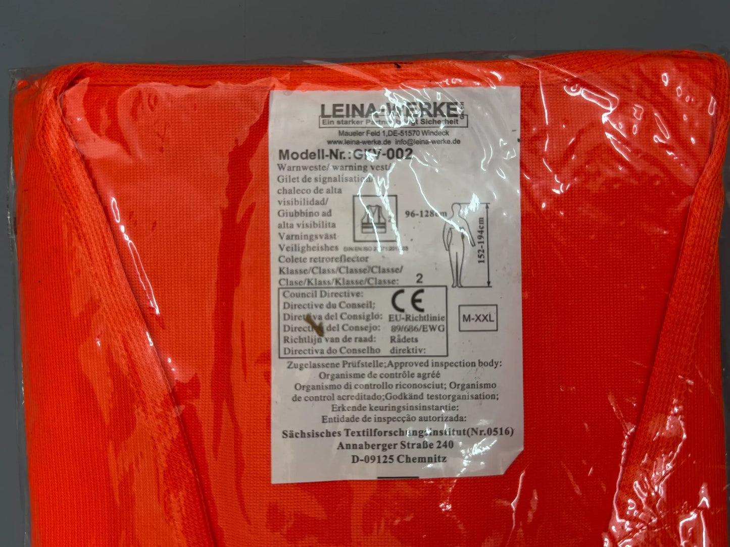 Original LEINA-WERKE GmbH Pannen-Warnweste DIN EN ISO 20471, orange GKV-002 NEU